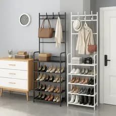 Prateleira Rack Organizador de Roupas Sapatos Estante Móvel Multiuso de Metal 5 Andar e Ganchos Preto ou Branco