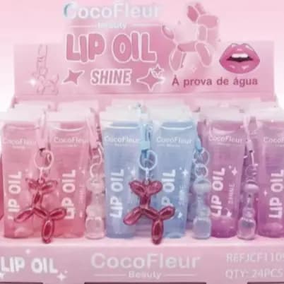 Lip Oil Shine CocoFleur com Chaveiro Cachorrinho de Balão Brilho Labial Hidratante Efeito Vidro