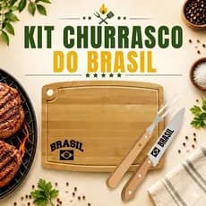 Kit Churrasco Personalizado Brasil Copa do Mundo Tábua de Bambu, Faca e Garfo Inox | Presente para Churrasqueiro