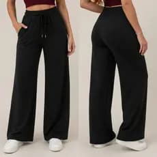 Calça Pantalona Cintura Alta Feminina Viscolycra Com Bolso Wide Leg Moda Blogueirinha Reta Soltinha