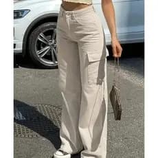 Calça cargo feminina bege Jeans Wide leg com bolso moda blogueira moda gringa tendência