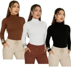 Body Feminino Manga Longa Liso Gola Alta Suplex Inverno Moda Blogueira Moda Premium