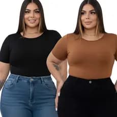 Kit 2 Body Plus Size Manga Curta Suplex Premium Com Forro Gola Careca Básico Liso Elegante Tendência Moda Verão 2026