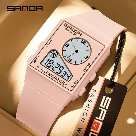 SANDA Slim Leve Portátil À Prova D'água Relógio Dual Time Luminous Countdown Cronômetro Alarme Hora Suave Tom Dia Data 1