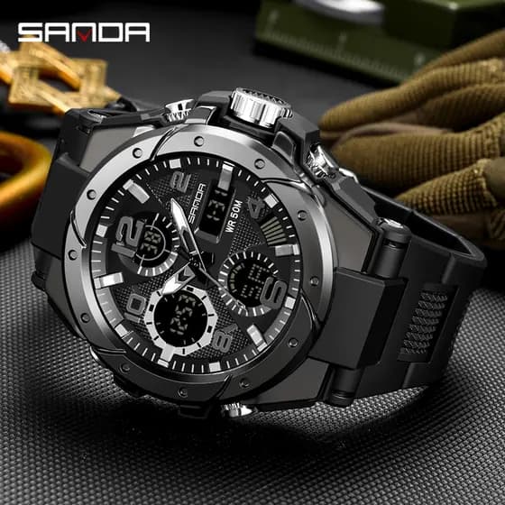 SANDA Relógios Masculinos De Movimento à Prova D'água Multifuncional Esportivos Luxuosos De Quartzo Masculinos Com Luz Noturna LED Relógios Masculinos Militares 6008