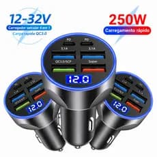 Carregador Veicular Turbo 6 Portas USB e USB-C PD QC3.0 Carro Display Digital