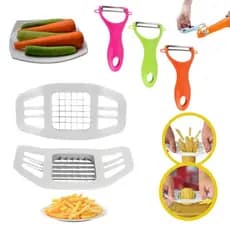 Kit Descascador Legumes + Cortador Batata Palito Cores Frutas Legumes Plástico Inox Cozinha