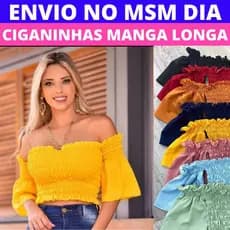 Croped Lastex Ciganinha Manga Longa Feminina Tomara que Caia