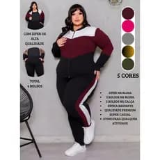 Conjunto Feminino Plus Size G1234 Calça Plus Size Feminina Jogger Slim e Blusa Com Ziper Inverno Frio Crepe