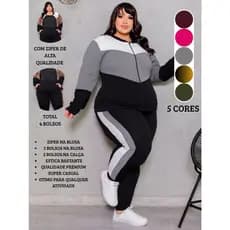 Conjunto Feminino Plus Size G1234 Blusa de Frio Manga Longa Com Ziper e Calça Slim Com Bolsos Tecido Crepe  Inverno Moda