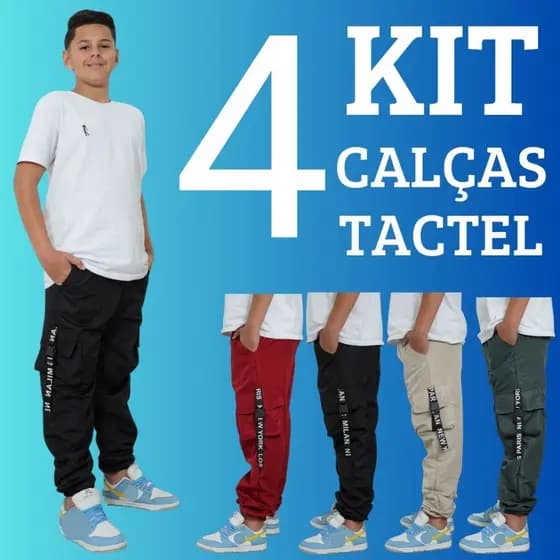 Kit 4 Calças Para Meninos Infantil Juvenil Calça Jogger Calça Cargo 4 Bolsos Detalhes Com Fitas e Travas Moda Infantil
