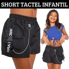 Short Feminino Infantil Para Meninas 10 12 14 Tactel 4 Bolsos Com Fitas e Corrente Short Cargo Street Bloguerinha Moda
