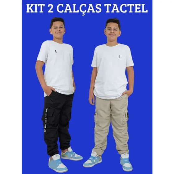 Kit 2 Calça Juvenil Jogger Cargo Infantil Menino Preta Verde Bege Tamanho 10 12 14 Anos 4 Bolsos Blogueiro Street Moda