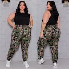 Calça Feminina Plus Size Jogger Exercito Camuflado M ao G4 (40 ao 54) Tecido Bengaline Linha Premium Moda Plus Size