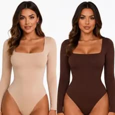 Body Feminino Manga Longa Decote Quadrado Elegante e Modelador