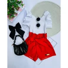 Conjunto infantil 01 ao 10 meninas Body Canelado Frufru + Short Courino Laço mini diva Natal