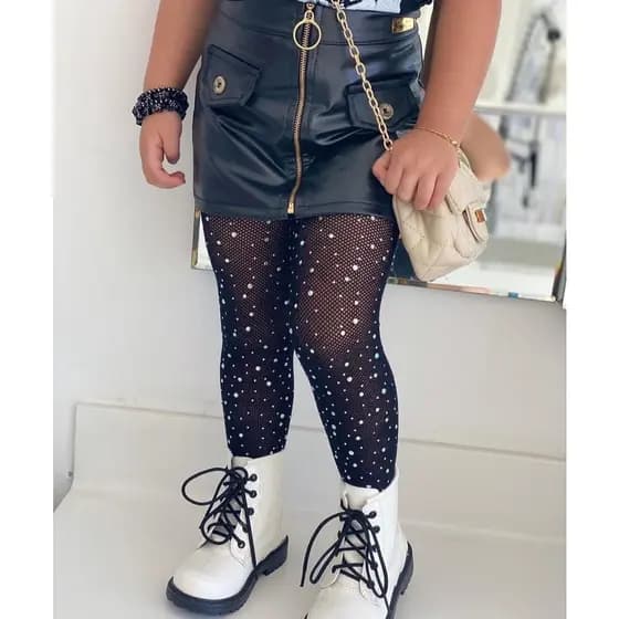Meia Blogueirinha Arrastão Para Menina Infantil Preto Com Strass Meia Calça