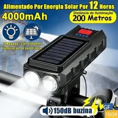 Lanterna Bike Solar Com Buzina E Power Bank 12H Recarregável À Prova D'Água Farol Para Bicicleta