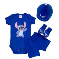 kit bebê stitch, temas body, short bebê e pantufa personagens