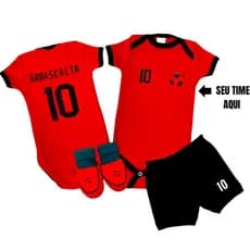 kit 3 peças Personalizado nome e número com seu time de coraçao, body infantil bebê mêsversário