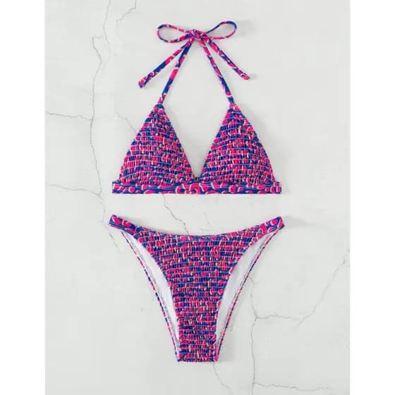 Conjunto de Bikini de verão com babados e estampa completa, parte superior de amarrar