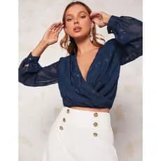 Blusa Jacquard Manga da lanterna Colar de sobreposição Chiffon