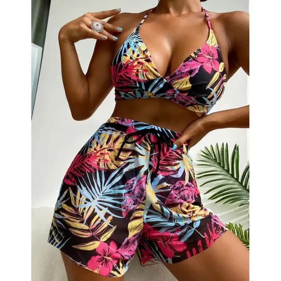 Conjunto Biquíni estmapa Tropical 3 Peças Com Saída de Banho Cintura Alta Forrado Praia Piscina