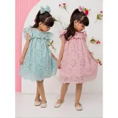 Vestido Laise - Cambraia - Lese - Rosa e Verde Piscina