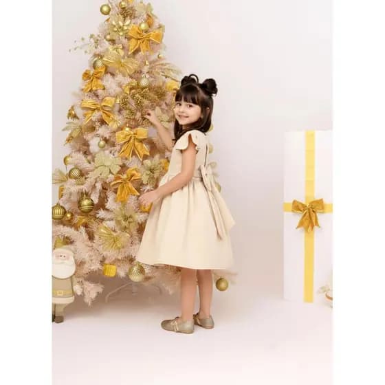 Vestido Bege Infantil Alfaitaria Clássico - Vestido Natal Infantil