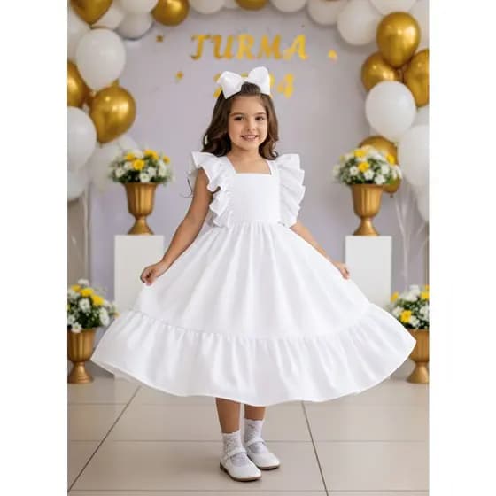 Vestido Crepe Branco - Roupa Natal - Daminha - Formatura - Batizado