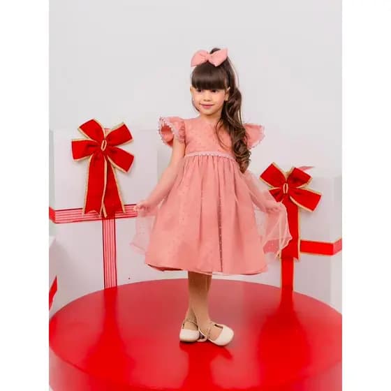 Vestido Luxo Rose Tule - Coleção Natal - Vestido Daminha  - Vestido Formatura
