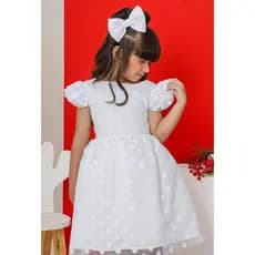 Vestido Branco Infantil tule Poá- Batizado - Formatura - Daminha