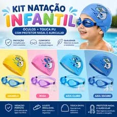 Kit Natação Infantil Óculos Touca PU com Protetor Nasal e Auricular