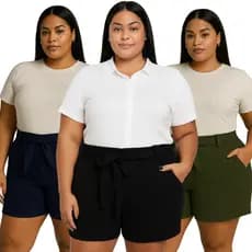 Shorts Plus Size Listrado Liso Feminino Com Cinto