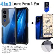 4In1 Capa Tecno Pova Neo 2 3 4 Pro Camon 18 19 Luxo Galvanizado Anti-Impacto Macia De TPU E Vidro Temperado De Cerâmica