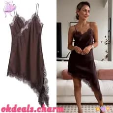 OKDEALS Vestido Feminino De Renda , De Cetim , Assimetria , Decote Em V , Elegante , Estilingue , De Noite