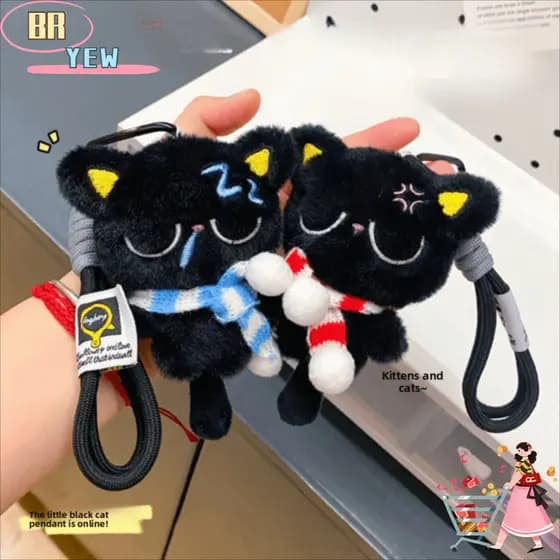 YEE Chaveiro De Pelúcia De Gato Preto , Pingente De Bolsa De Boneca Macia , Lenço De Listra Fofo , Presentes De Carro So