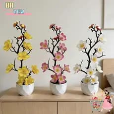 YEE Planta Em Vaso De Flor De Ameixa Artificial , Com Branco Vermelho Falso Bonsai Inverno , Pequeno