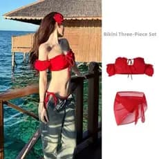 MXFASHIONE 3 Peças De Biquíni De Três , Conjunto De Roupa De Banho Com Babados Divididos , Roupas De Praia De Verão