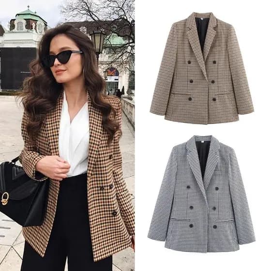 HW Fatos De Manga Comprida Feminina Vintage Notched Bouble Breasted Plaid Women Blazer