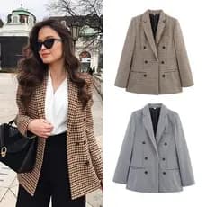 HW Fatos De Manga Comprida Feminina Vintage Notched Bouble Breasted Plaid Women Blazer