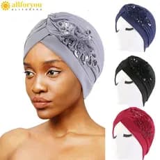 ALLFORYOU1 Chapéu Turbante Muçulmano Gorro Feminino Com Lantejoulas E Flores Para Dormir