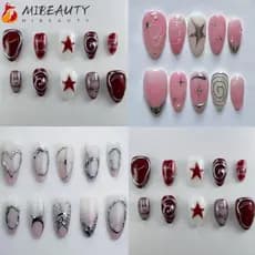 MIBEAUTY 24 Peças De Unhas Postiças , Falsas Com Borda Branca Francesa De Amêndoa Longa , Pontas Onduladas Douradas Estr