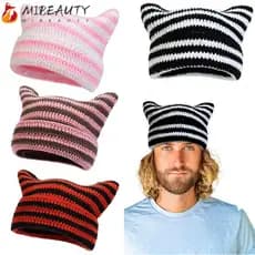 MIBEAUTY Ins Chapéu Listrado Do Pequeno Diabo , Gorro Japonês Gótico Punk Y2K Harajuku , Orelhas De Gato Fofas