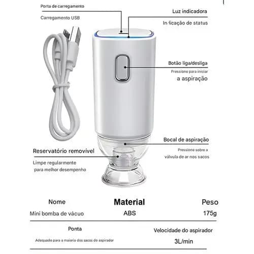 Bomba De Vácuo Recarregável Automática Versátil Praticidade Economia Armazenamento Alimentos Durável