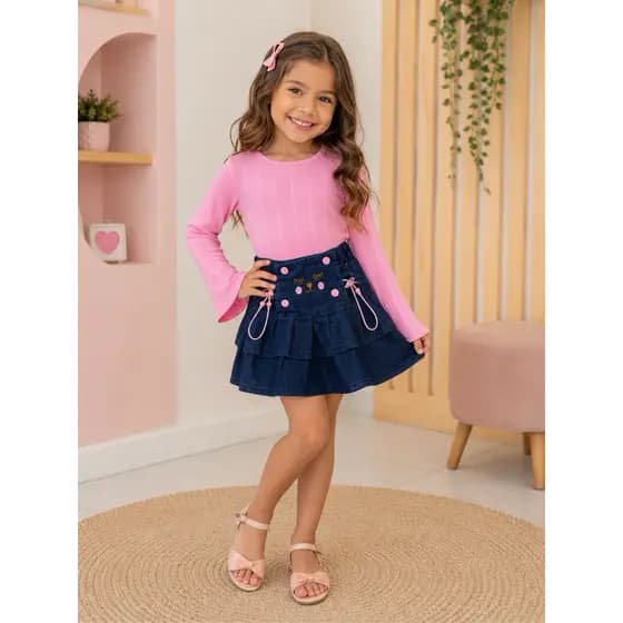 Conjunto infantil saia jeans e blusa manga princesa