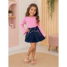 Conjunto infantil saia jeans e blusa manga princesa