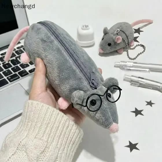 [Newchangd] Estojo De Lápis De Pelúcia Com Ramo De Flor Fofa E Rato , Bolsa De Papelaria Portátil De Grande Capacidade P