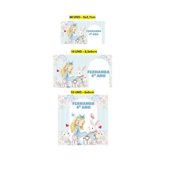 Etiqueta Escolar 100 unidades Alice no País das Maravilhas Etiqueta para material escolar Personalizada