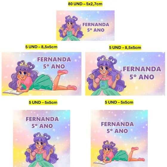 Etiqueta Escolar 100 unidades Princesa Desastrada Etiqueta para material escolar Personalizada